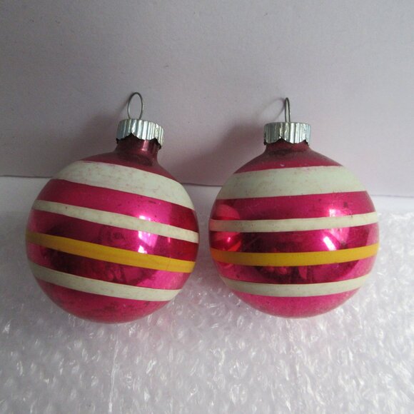 Shiny Brite Striped Glass Christmas Ornaments Set of 8 Pink Gold 1.75" - 2" Vtg - Picture 11 of 16